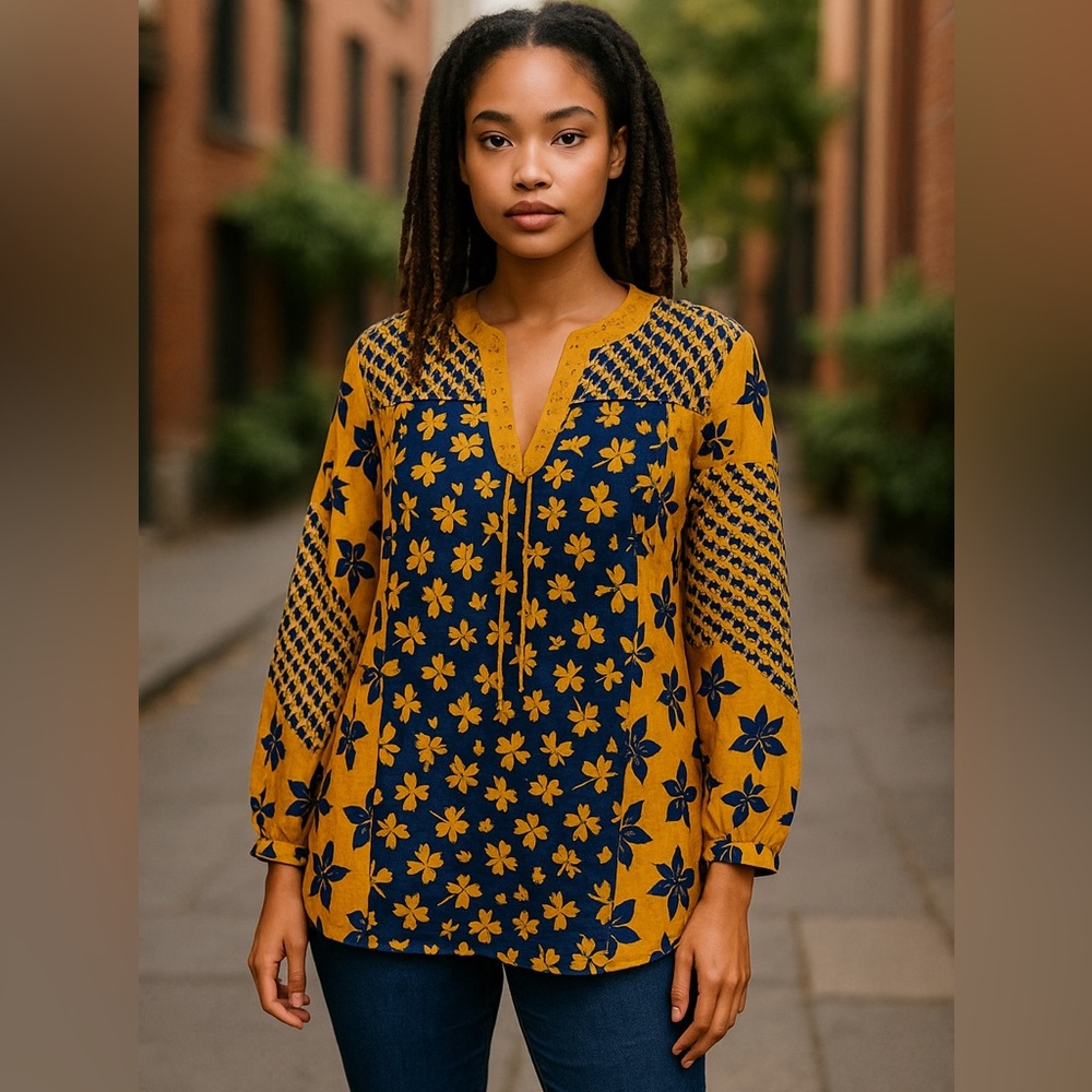 Cabi Womens Harmony Floral Blouse Ruffle Long Sleeve Sheer Top Yellow Blue Small